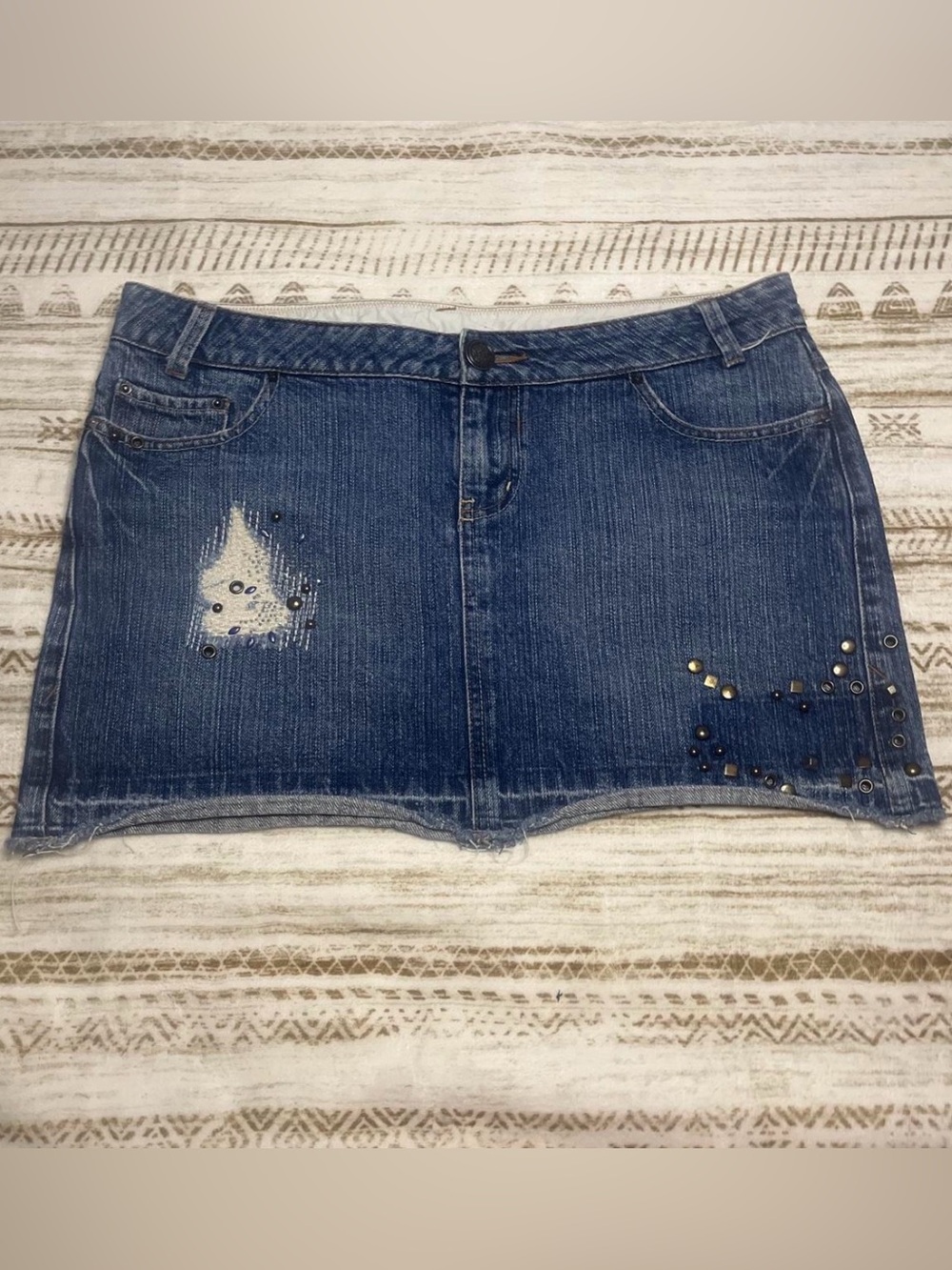 Stud-Embellished Blue Denim Mini Skirt